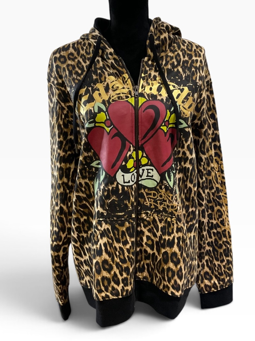 Ed Hardy Leopard Zip Hoodie with Red Heart Tattoo Graphic XL